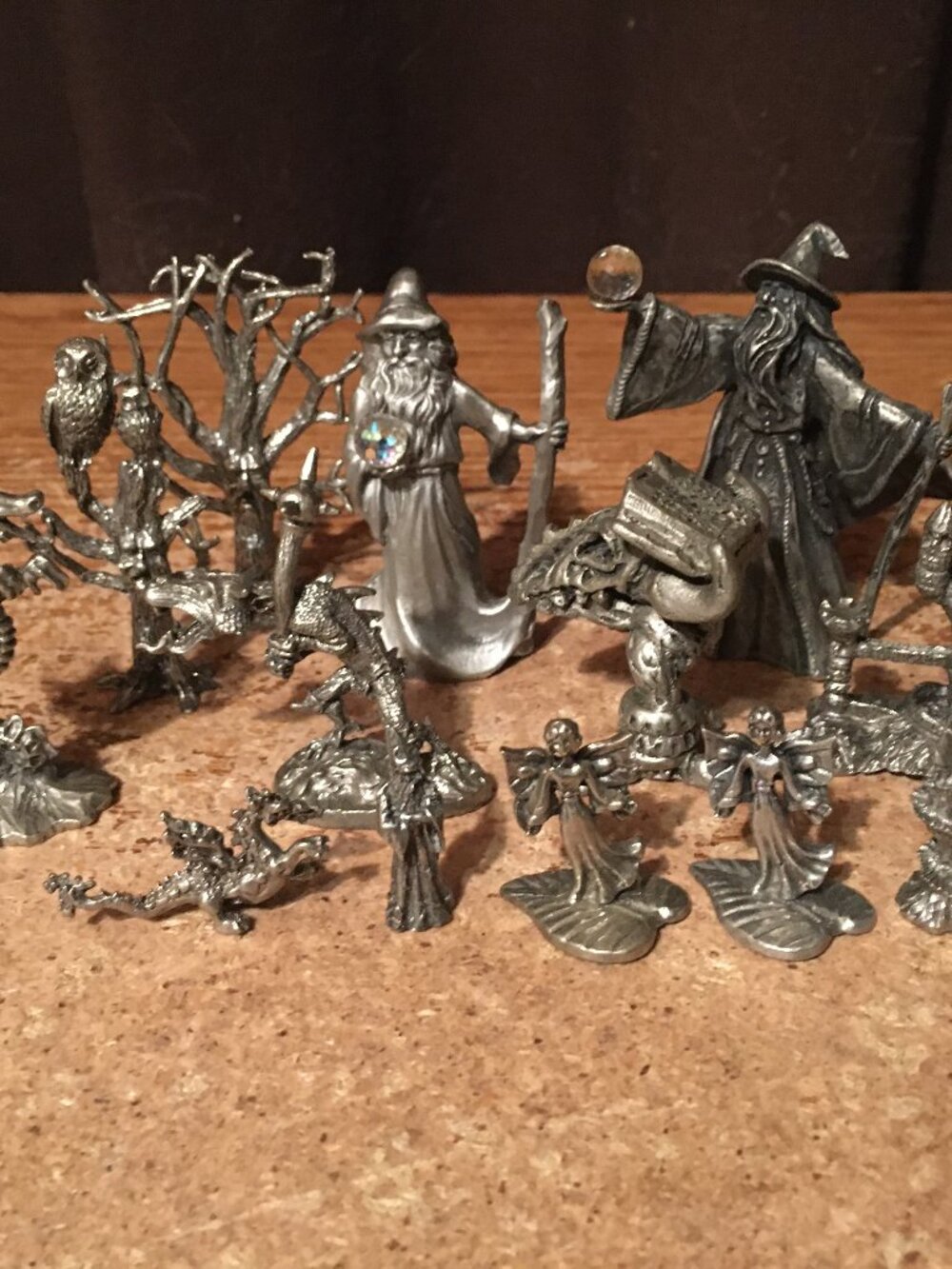 LOT OF 12 PEWTER FANTASY FIGURINES WIZARDS DRAGONS CASTLES ALTAR LIVING TREE